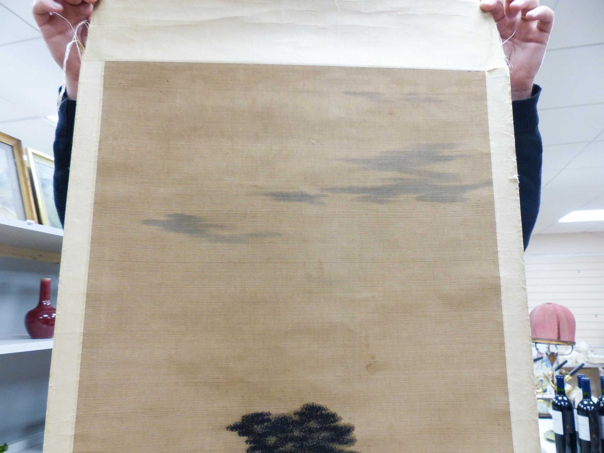 An early 20th century Japanese painted felt and watercolour landscape scroll